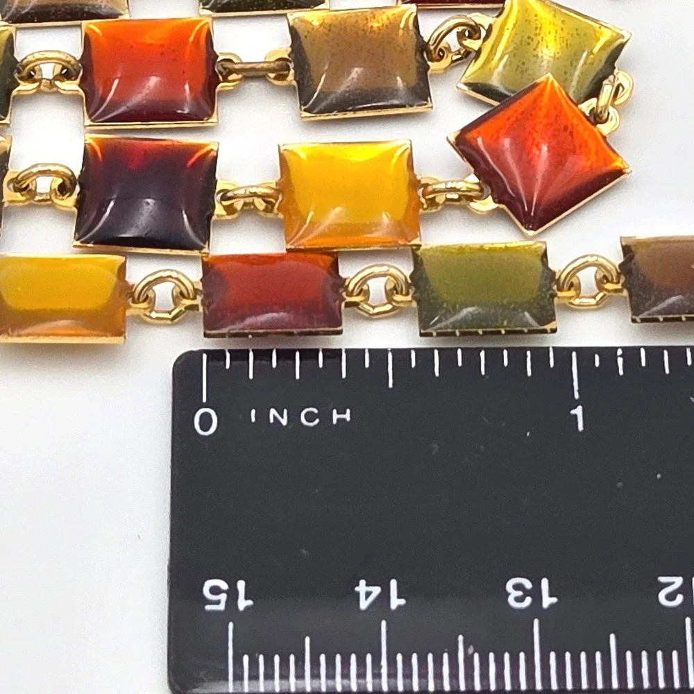 Vintage Earth Tone Enamel Square Station Necklace Gold Tone Long 36‎ Inch